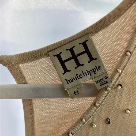 Haute Hippie Hand Beaded Tan Asymmetrical Sleeveless Dress sz M